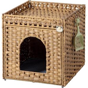 Cat Litter Box Enclosure Furniture, Hidden Litter Box with Mat and Fence, Handwoven Rattan Cat House with Two S-Shaped Hooks for Living Room, Bedroom, 18.5 x 20.5 x 19.1 Inches (Natural)