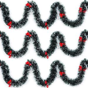 3Pcs x 8.2ft (Total:24.6ft) Christmas Tinsel Garlands with 24 Pcs Red Bows for Indoor and Outdoor Holiday Mardi Gras Xmas and Other Festivities Party Supply (Gray) 