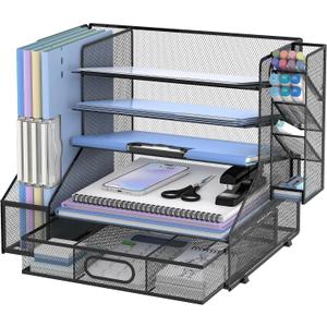 SUPEASY Desk Organizer with File Holder, 5-Tier Mesh Paper Letter Tray and 3 Tilted File Sorter for Office Supplies, Black