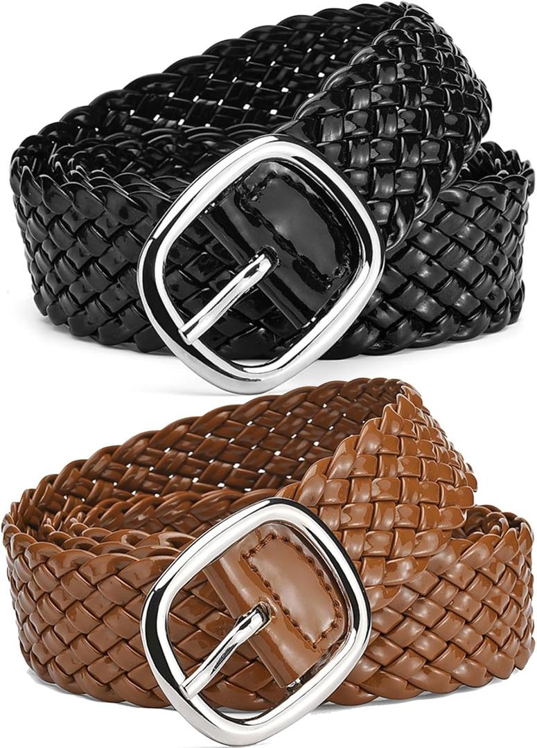 Thin Braided Belt Women 2 Pack Braided Black PU Leather Belt Woven Belts for Women Trendy Woven Belt Brown Black Women's Belts for Pants Jeans Dresses Belt Boho Belts Outfits Accessories