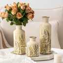 Ceramic Vase Set of 3, Vintage Green Floral Beige Vases, Rustic Chinoiserie Decorative Vases for Home Decor, Living Room, Kitchen, Wedding Gifts, Shelf Decor, Farmhouse Ceramic Vases for Home Decor