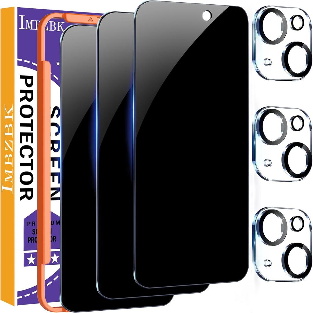 IMBZBK 3 Pack Privacy Screen Protector for iPhone 15 Plus Tempered Glass with 3 Camera Lens Protector, Accessories 9H Anti Spy for Apple 15 Plus, 2.5D Curved, Case Friendly, Transparent (15 Plus 6.7 inch)
