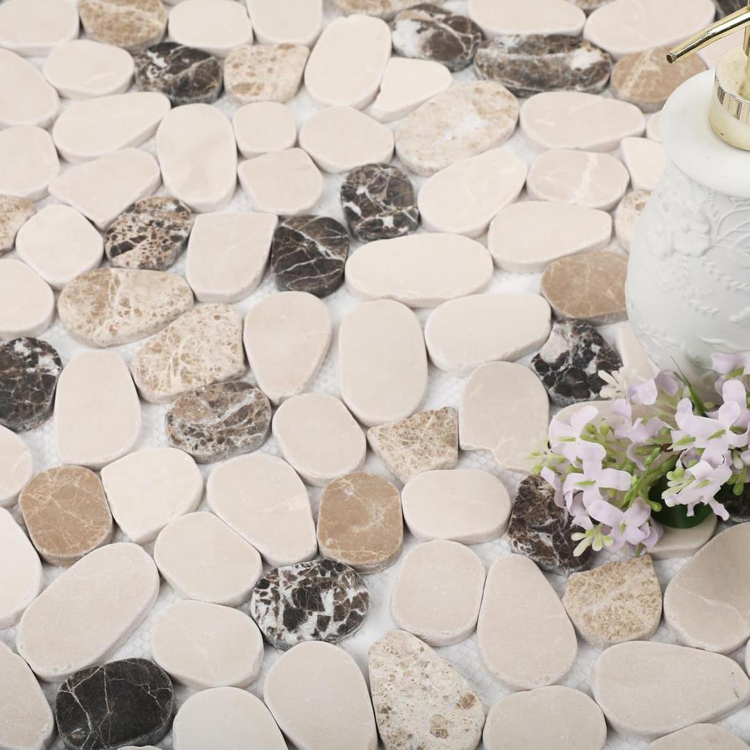 Diflart Natural Pebble Tile for Shower Floor, Brown and Beige Oval, 4 Sheets, Sliced Pebble Mosaic Backsplash for Kitchen Bathroom Floor and Wall Tile (11.7X11.7 Inch)