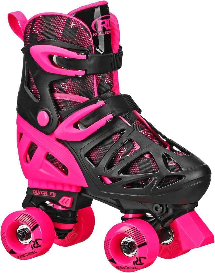 Roller Derby Trac Star Adjustable Skates for Kids, Beginners (Medium (12J-2), Black/Pink)