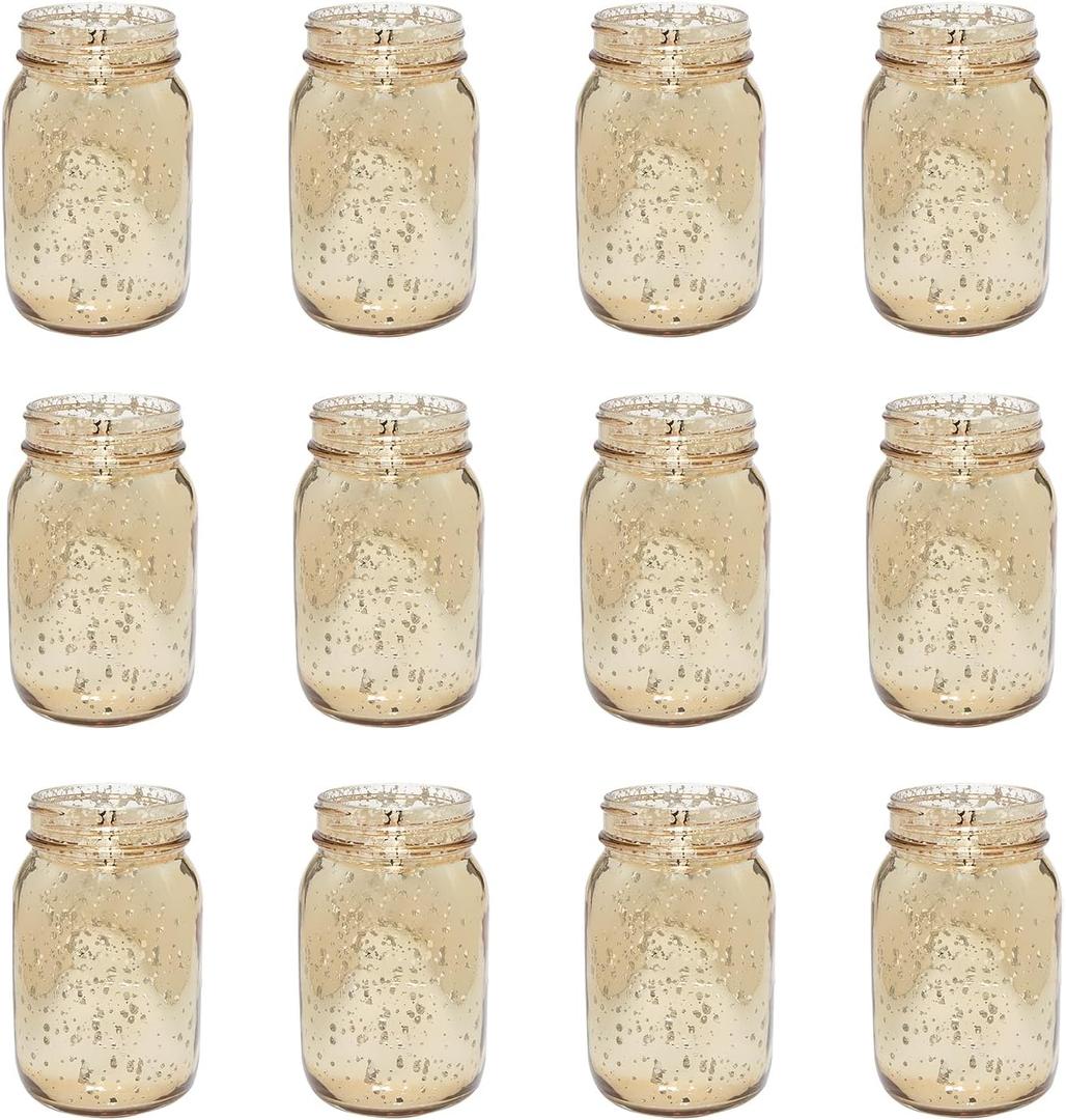 Fun Express Gold Mason Jars 12 Pack - Premium Glass Mason Jar Set for Wedding Centerpieces, Table Decorations & Party Events | Decorative Vintage-Style Vases for Flowers, Home Decor & DIY Projects