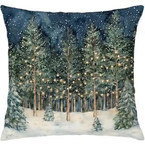Rustic Christmas Forest Pillow Covers 18x18, Farmhouse Christmas Decor, Xmas Winter Snowflake Forest Decorative Throw Pillow Covers for Home Bedroom Living Room