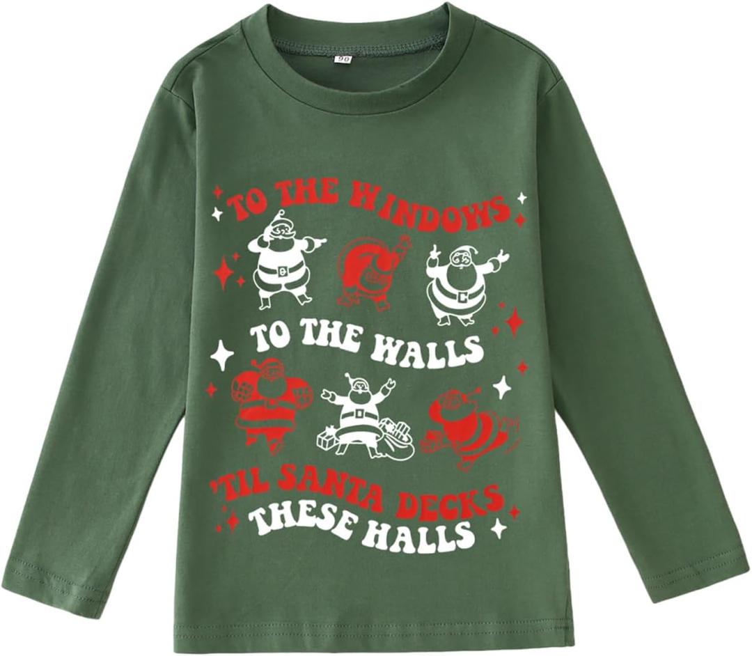 Toddler Boy Girl Christmas Shirt Dancing Santa Claus Long Sleeve T-Shirt Kids Xmas Gift Holiday Song Fall Clothes (5-6 Years, Green)