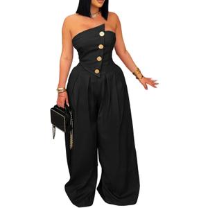 NRTHYE Women Sexy Strapless Wide Leg Jumpsuits Summer Loose Casual Button Tube Top Dressy One Piece Romper (00black, XL)