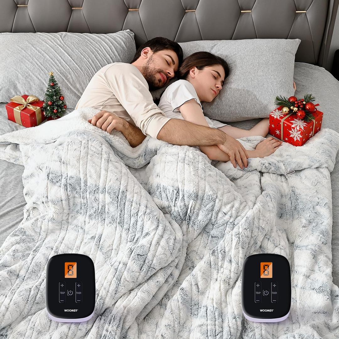 WOOMER Heated Blanket King Size Electric Blanket 90"x 100", Faux Fur Fast Heating, 10 Heating Levels & 0.5-12H Auto Off, Dual Control, Over-Heat Protection, ETL Certification (Marble Blue)