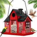 Solar Bird Feeders House for Outside Hanging, Metal Wild Bird Feeder for Outdoors Large Capacity Cardinal Birdfeeder Birdhouses Metal Bird Feeding Station Red