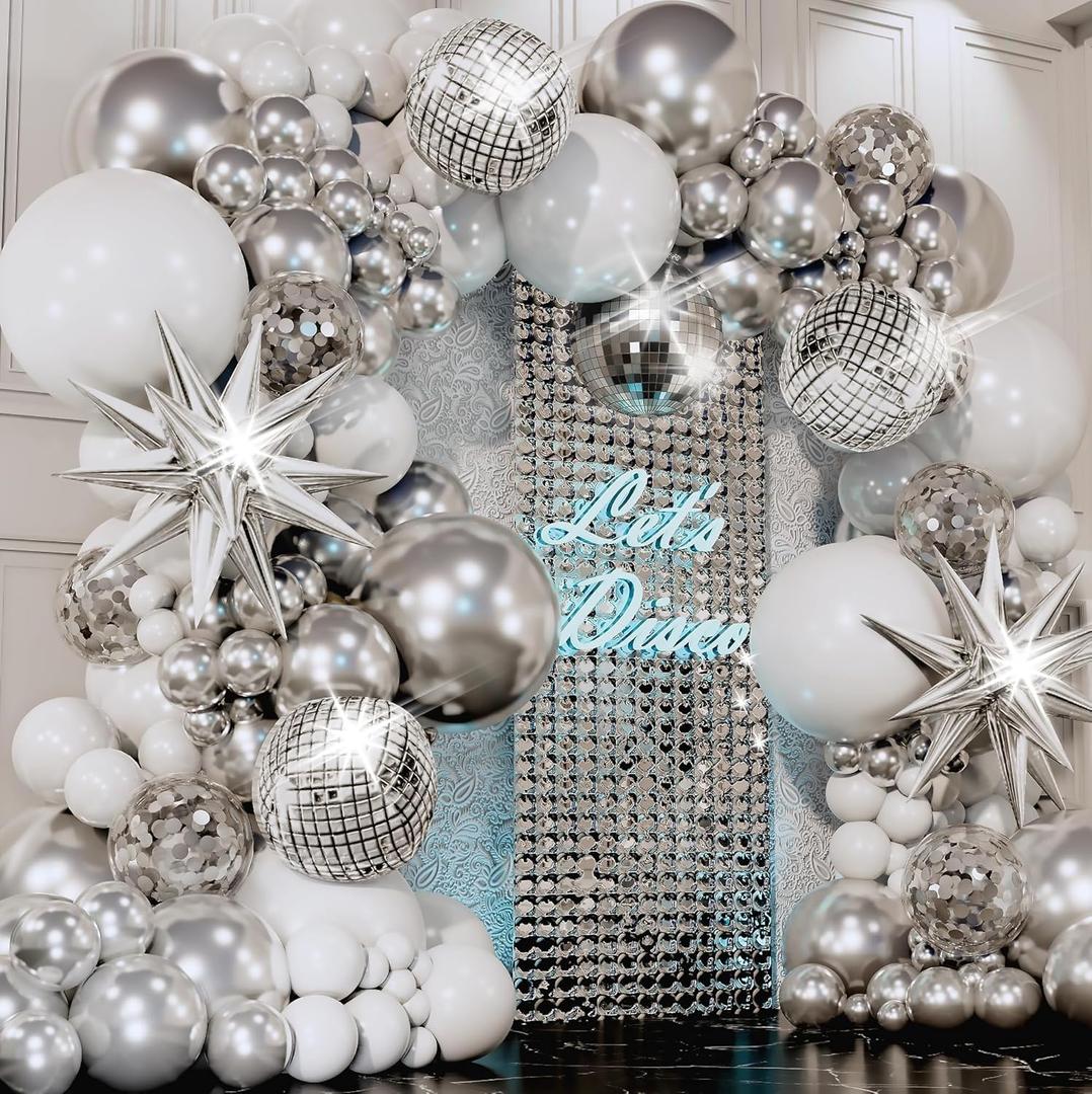 ALL-IN-1 Disco Balloon Arch Kit with BONUS Disco Ball Balloon for Party Decorations - Silver & White Balloons Garland for Disco Ball Party Decoration & Silver Party Decorations -Disco Balloons