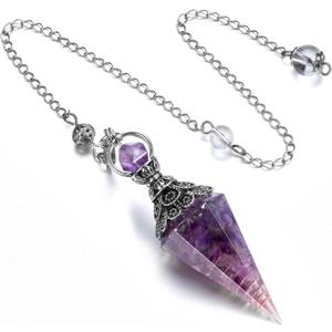 GEHECRST Natural Amethyst Healing Crystal Dowsing Pendulum Reiki Gemstone Chips Orgone Pendulum 6 Faceted Hexagonal Pointed Resin Spiritual Pendant for Divination, Wicca, Energy Balancing