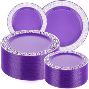 Maxcheck 100 Pack Purple Silver Plastic Plates Disposable Plates with Silver Rim Plastic Dinnerware Set Dessert Salad Reusable Party Dinner for Wedding Birthday Valentine