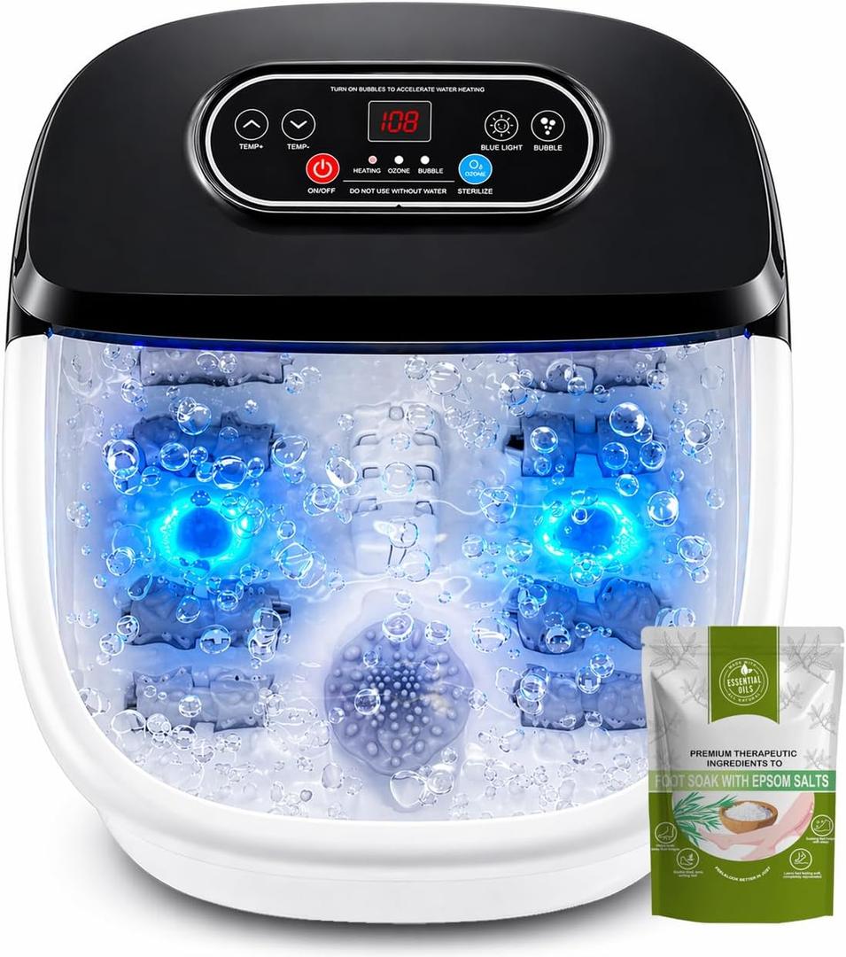 RIGHTMELL Foot Spa with Ozone & Blue Light, Bubble Massage & 8 Rollers, Adjustable Constant Temperature (95-118), Large Capacity Foot Massager with Epsom Salt for Home & Office Relaxation