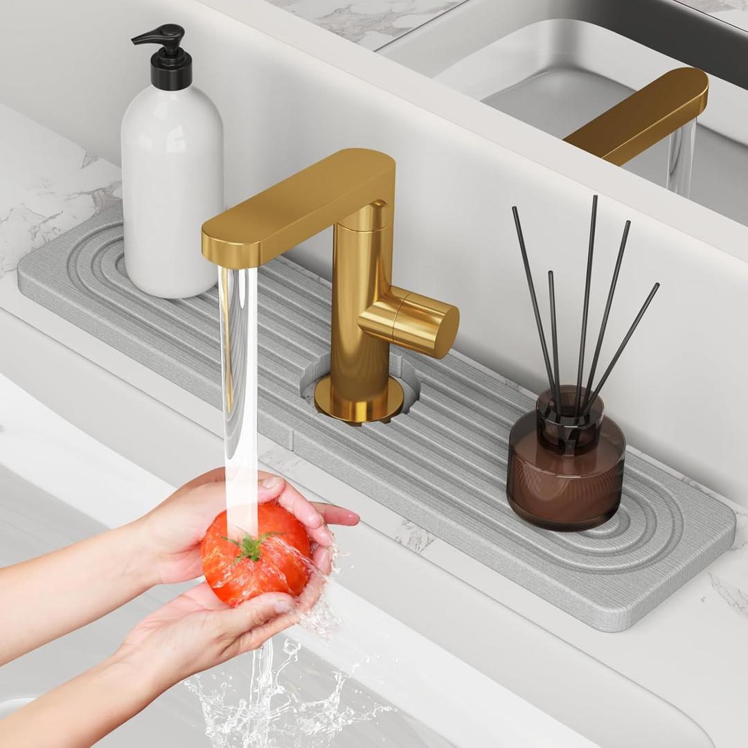 Stone Quick Dry Faucet Mat for Kitchen Sink [Diatomite Super Fast Drying] Stone Faucet Mat for Kitchen Sink Splash Guard Sinks Stones Quick Dry around Faucets Stones Drying Bathroom (15.8" x 4", Light Gray)