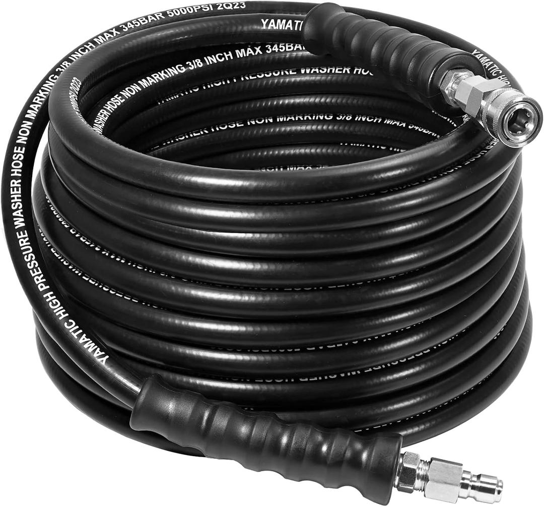 YAMATIC 3/8" Pressure Washer Hose 50FT with Stainless Steel Quick Connector, 5000PSI Rubber Power Washer Replacement Hose, Steel Wire Braided, Compatible with Simpson, Craftsman, Champion