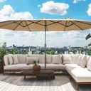 Patio Double-Sided Umbrella with Base & Crank, Extra Large Rectangular Outdoor Umbrella for Patio, poolside Lawn & Garden, Beige