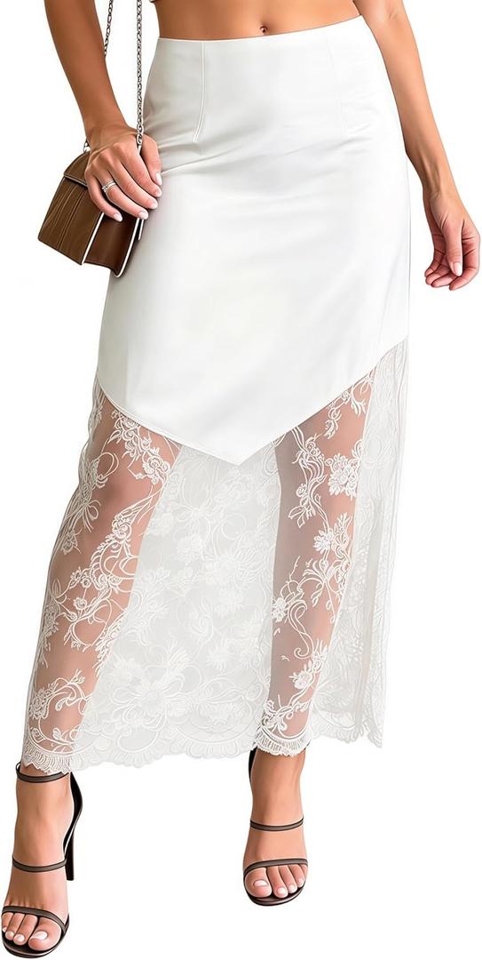 Women's 2026 Lace Patchwork Bodycon Skirt - High Waist Elegant Solid Maxi Long Skirt
