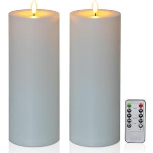 10" x 4" Waterproof Outdoor Flameless Candles Battery Operated LED Flickering Tall Pillar Candles with Remote and Timer for Indoor Outdoor Lanterns, Long Lasting, White Set of 2