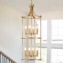 Foyer Chandeliers for High Ceilings, Lantern Tiered Gold Chandelier Light Fixture Metal Modern Farmhouse Pendant Lights for Kitchen Island Entryway Staircase Living Room Dinning Room (Gold)