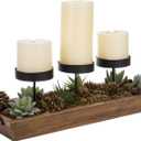 MyGift 3-Pillar Black Metal Candle Holder with Rustic Wood Tray and Handles, Tabletop/Mantel Centerpiece