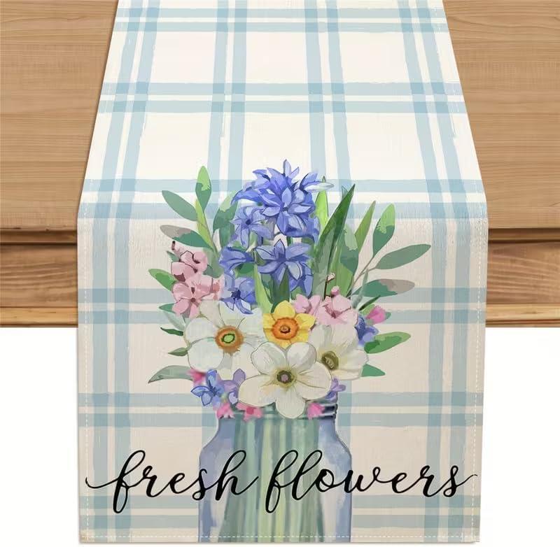 2 x Buffalo Grid Blue Flower Vase Spring Table Runner , Seasonal Summer Table Decoration for Kitchen Dinning Holiday Home Party Decor 13x72 Inch