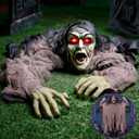 JOYIN Halloween Zombie Decorations Outdoor, Halloween Groundbreaker Outside Decor, Hanging Zombie Prop with Green Face and Lighted Eyes for Graveyard, Haunted House, Lawn, Yard, Indoor Decor