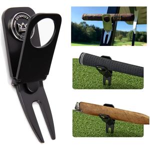 Golf Cigar Holder Golf Cart - Magnetic Golf Cart Cigar Holder Clip Keeps Your Cigar Safe - 6 in 1 Golf Divot Tool and Ball Marker - Cigar Clamp Golf Cart (Black)