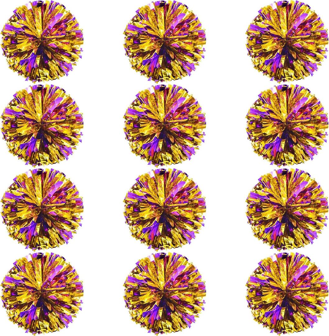12 Pcs Cheerleading Pom Poms Bulk, Plastic Metallic Foil Cheer Hand Flowers, Cheerlead Pompoms for Sports Team Ball Game, 12 Inch (Purple/Gold)