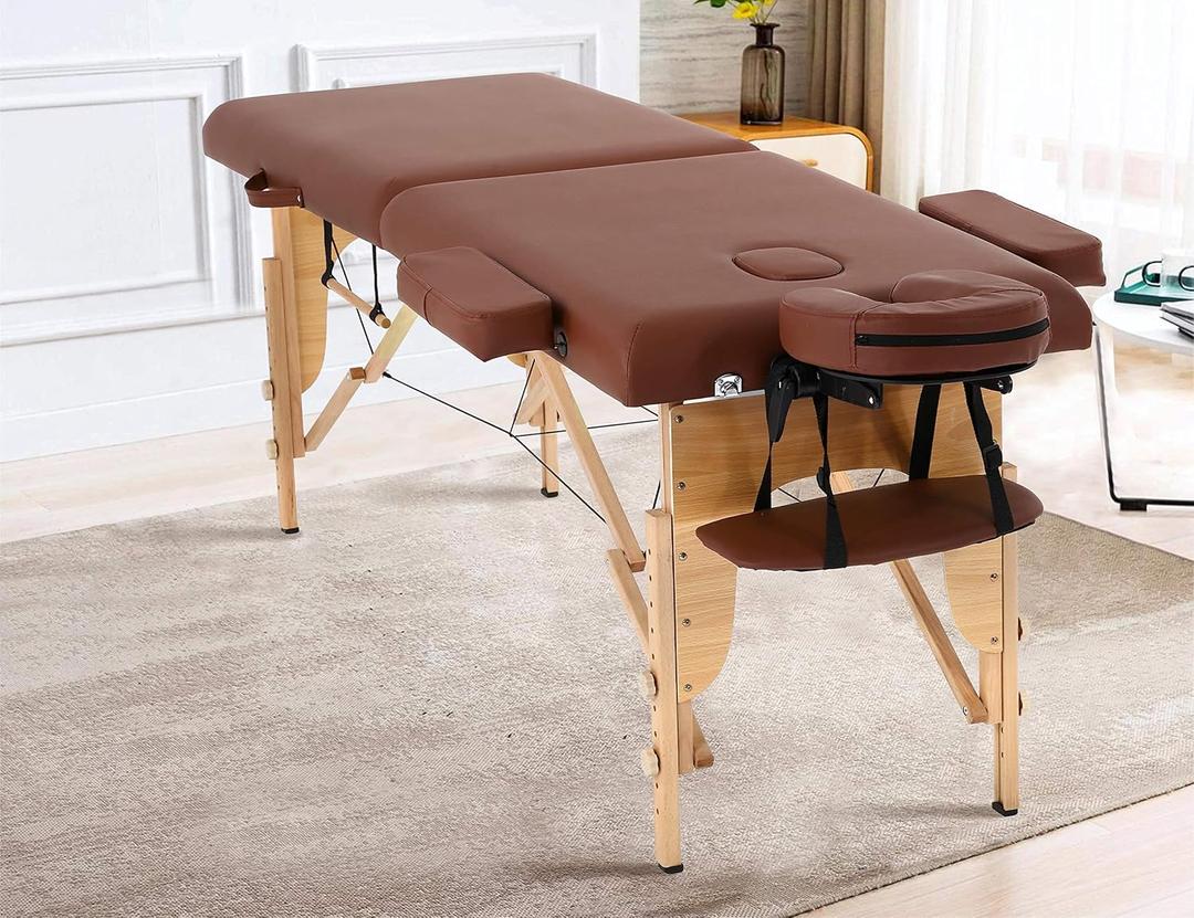 Portable Folding Massage Table, Height Adjustable - Tattoo Bed, Lightweight - BROWN