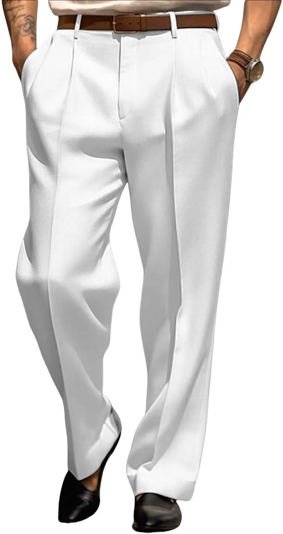 Men’s Dress Pants Straight Leg Pleat-Front Casual Suit Pants Plain Comfort Work Office Business Lounge Trouser Long (White), 34Wx30L