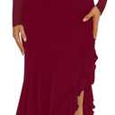 BORIFLORS Women's Bodycon Ruched Mesh Long Sleeve Maxi Dress Mermaid Ruffle Formal Cocktail Party Long Dresses (Wine Red, XL)
