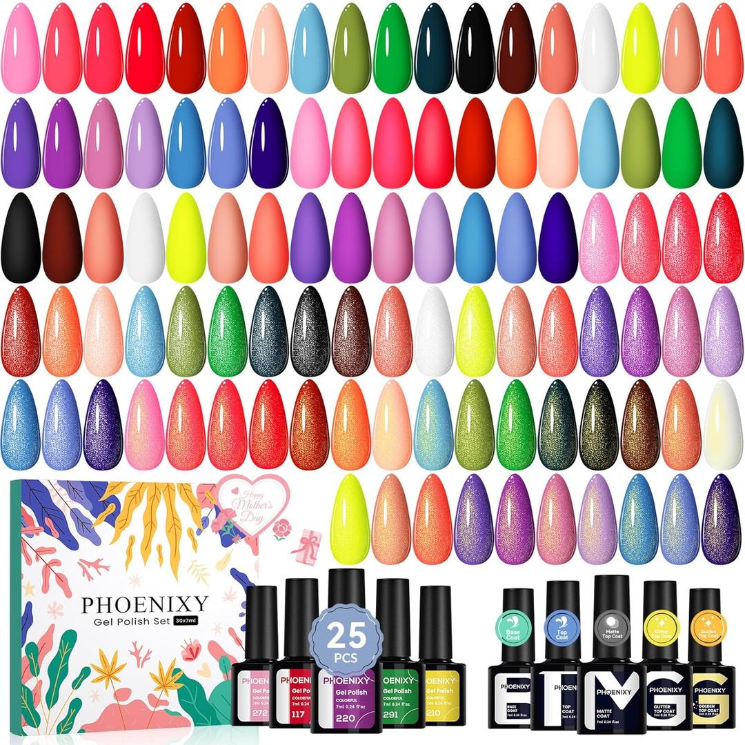 Phoenixy Gel Nail Polish 30 PCS Gel Nail Polish Set Dark Color Collection Manicure Set for Women Matte Silver Gold Glitter Top Coat Gifts for Women - PCB9042