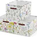Boao 3 Pack Floral Storage Baskets for Gifts Empty Collapsible Large Wildflowers Storage Bins, Herbs Flowers Canvas Laundry Basket Organizer with Handle for Bedroom Home Office Clothes Closets Toys