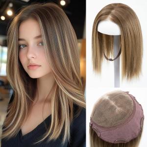 Lace Front Hair Toppers with Band for Women 5.5x4 Pre-cut Closed Lace Hairline Synthetic Straight Hair Wear and Go Glueless Toppers for Beginners Sand