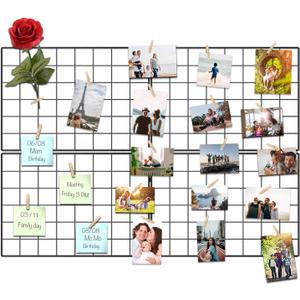 Wire Wall Grid Panel for Photo Display, DIY Iron Picture Frames Collage For Hanging Wall Decor, Foldable Multi Pictures Organizer with 12 Clips, 28'' X 22'' Inch.(2 Pack) (Black)