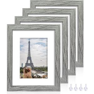 8x10 Picture Frame Set of 4, Made of Real Glass and Grey Wooden Frame, 8 by 10 Photo for Wall or Tabletop - Display Picture 5x7 with Mat or 8x10 Without Mat