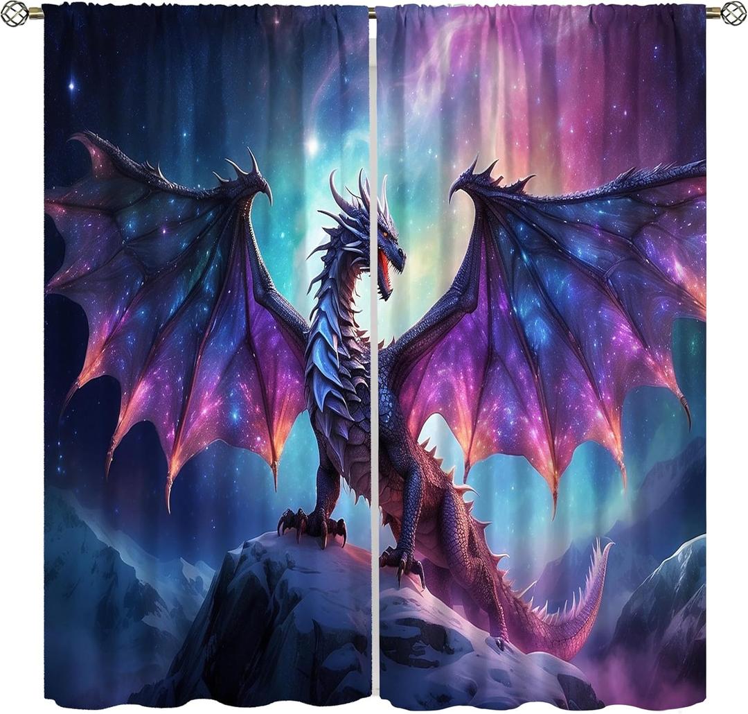 Fantasy Dragon Curtains for Bedroom,Mystic Magic Star Epic Adventure Fantasy Wings Fire-Breathing Dragon Animals Dragon Window Drapes Print for Kids Boys Girls Living Room 42x45in (No Blackout)