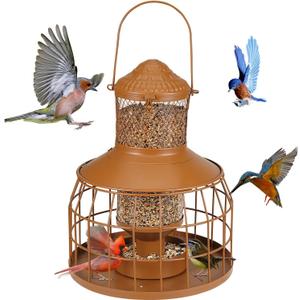 Squirrel Proof Bird Feeders, Metal Wild Bird Feeders for Outdoors Hanging, 3.5LB Heavy Duty Caged Squirrel Proof Bird Feeders, Chew-Proof, Weather Resistant, Patio Backyard Garden Decor (Brown)