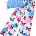 Girls 2 Piece Outfits Spring Summer Tropical Hawaiian Beach Vacation Wide Leg Pants Set Size 10-11 (Blue)