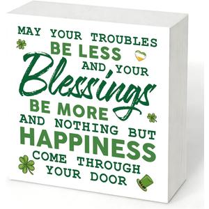 St. Patricks Day Decor Wooden Box Sign, Irish Blessing Shamrock Wood Sign Plaque, May Your Troubles Be Less Farmhouse Tabletop Desk Shelf Tiered Tray Decoration, Irish Holiday Gift