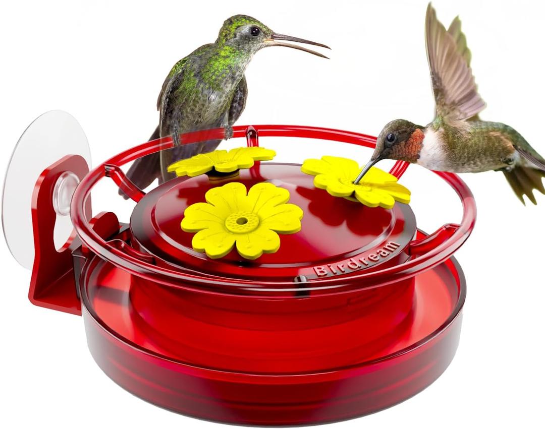 Birdream Window Hummingbird Feeder, 5oz Small Plastic Nectar Holder with Ant Moat, 3 Feeding Ports, Compact Window-Mounted Hummingbird Feeder for Outdoors, 1 Pack