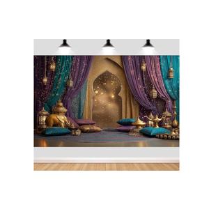7x5ft Arabian Moroccan Nights Party Photography Backdrop, Moroccan Nights Purple Blue Curtain Lamp Luxurious Princess Wedding Birthday Baby Shower Party Background Decorations Photo Studio Props,2