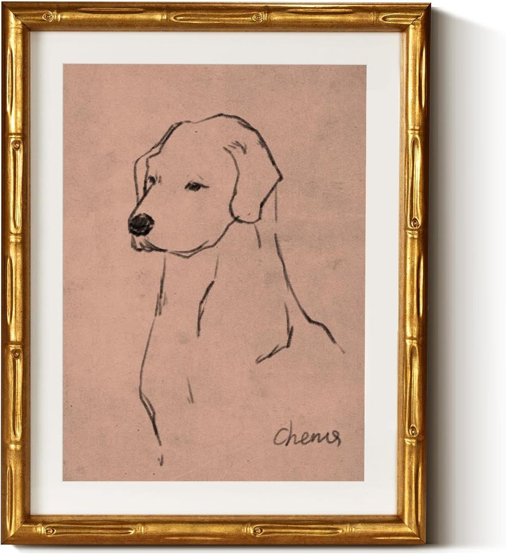 InSimSea Gold Bamboo Framed Canvas Wall Art, Minimalist Dog Sketch Animal Paintings, Antique Vintage Picture Frame with Mat, Victorian Home Wall Decor for Living Room Bedroom Gallery, 11x14inch