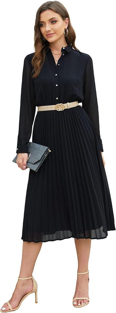 Business Casual Shirt Dress for Women Long Sleeves Pleated Midi Dresses with Belt (X-Large, Black)