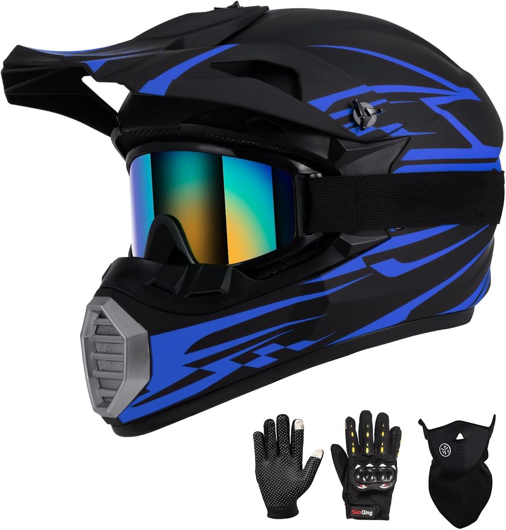Youth Kids Motocross Helmet DOT Approved, Adult ATV Dirt Bike Off-Road Full Face Motorcycle Helmet with Goggles Gloves Mask for Boys Girls,Lightweight Breathable for Riding