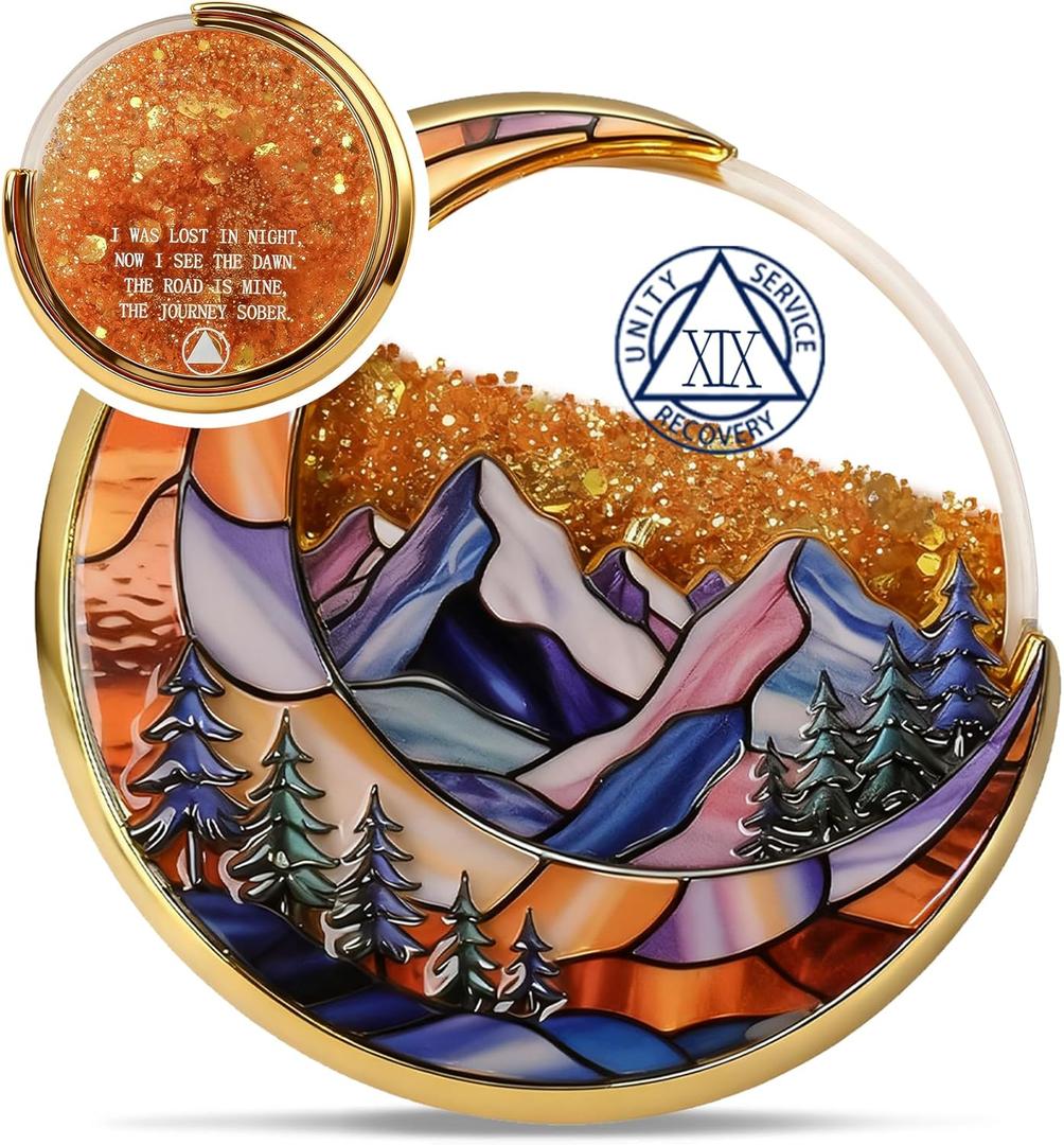 Golden Flow Sand 19 Year Sobriety Coin - Lunar Guardian Recovery AA Coins - Mountain Addiction Sober AA Chips and Medallions - Celebrate Living Clean Alcoholics Anonymous Token Gifts for Men Women