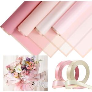 Tenare 36 Pieces Waterproof Flower Wrapping Paper Frosted Bouquet Wrapping Paper and 50 Yards Double Face Satin Ribbon for Graduation Bouquet Supplies(Romantic Color)
