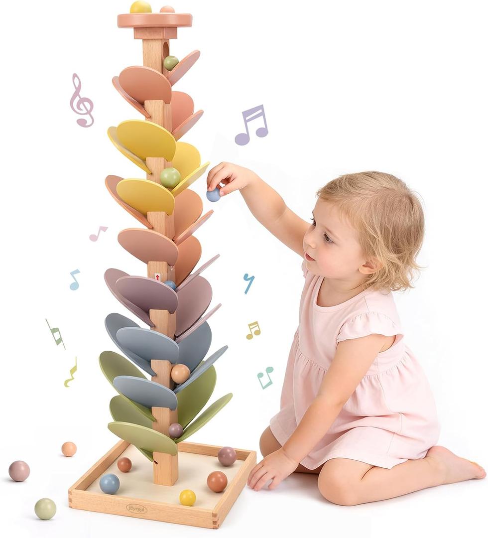 Joyreal Wooden Marble Run Music Tree for Kids 3-5 4-8, Montessori Wooden Ball Drop Toy, Rainbow Marble Tree Tower with Sound Leaves, Educational Learning Birthday Gift