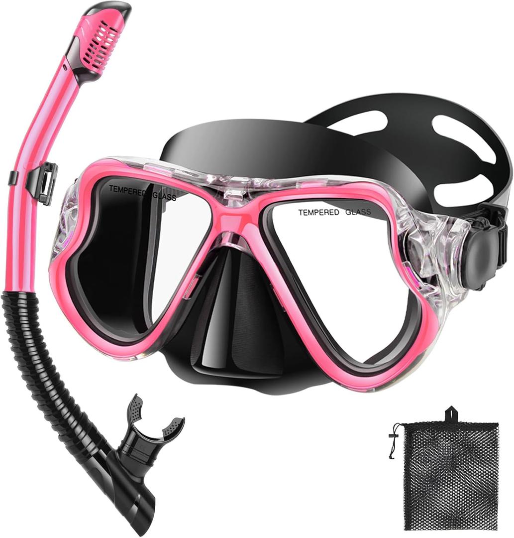 Snorkeling Gear for Adults Kids, Dry Snorkeling Set, Panoramic Anti-Leak and Anti-Fog Tempered Glass Lens, Adjustable Strap Snorkel Set with Mesh Bag Ear Plug for Snorkeling Scuba Diving Travel (Kids(3-14 Ages), Pink) Snorkeling Gear for Adults Kids, Dry Snorkeling Set, Panoramic Anti-Leak and Anti-Fog Tempered Glass Lens, Adjustable Strap Snorkel Set with Mesh Bag Ear Plug for Snorkeling Scuba Diving Travel (Kids(3-14 Ages), Pink)